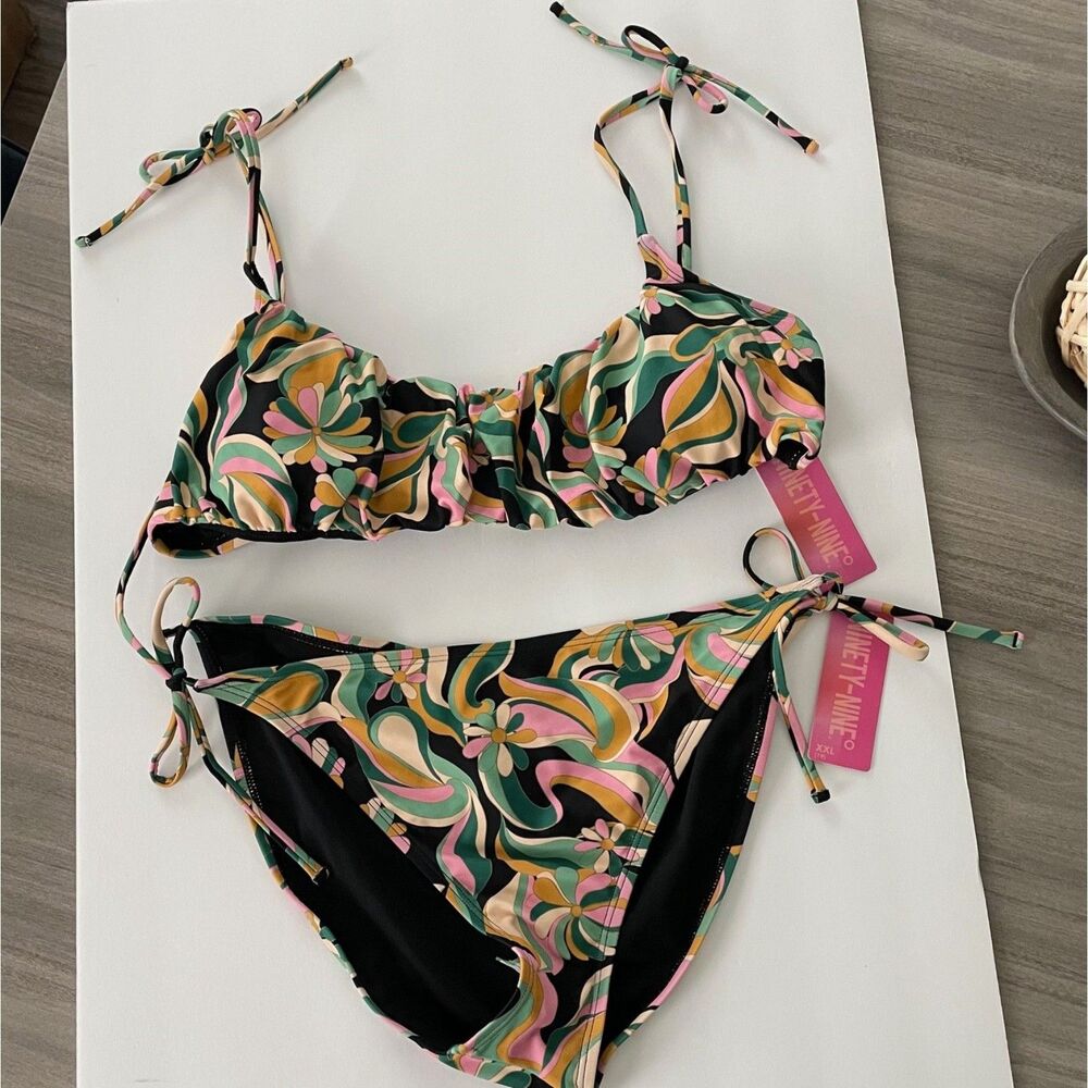 Juniors Ninety-Nine Degrees Shirred Top Side Tie Bottom Bikini Swim Suit
